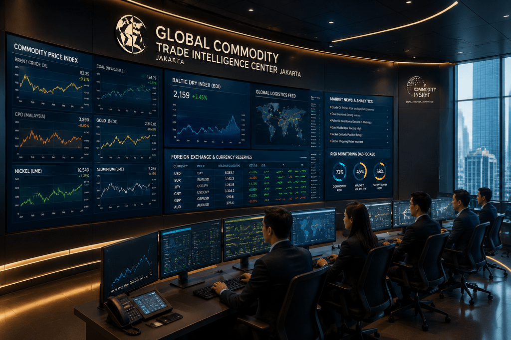 Ruang pusat data dan analitik perdagangan komoditas global yang memantau pergerakan harga dan devisa ekspor.
