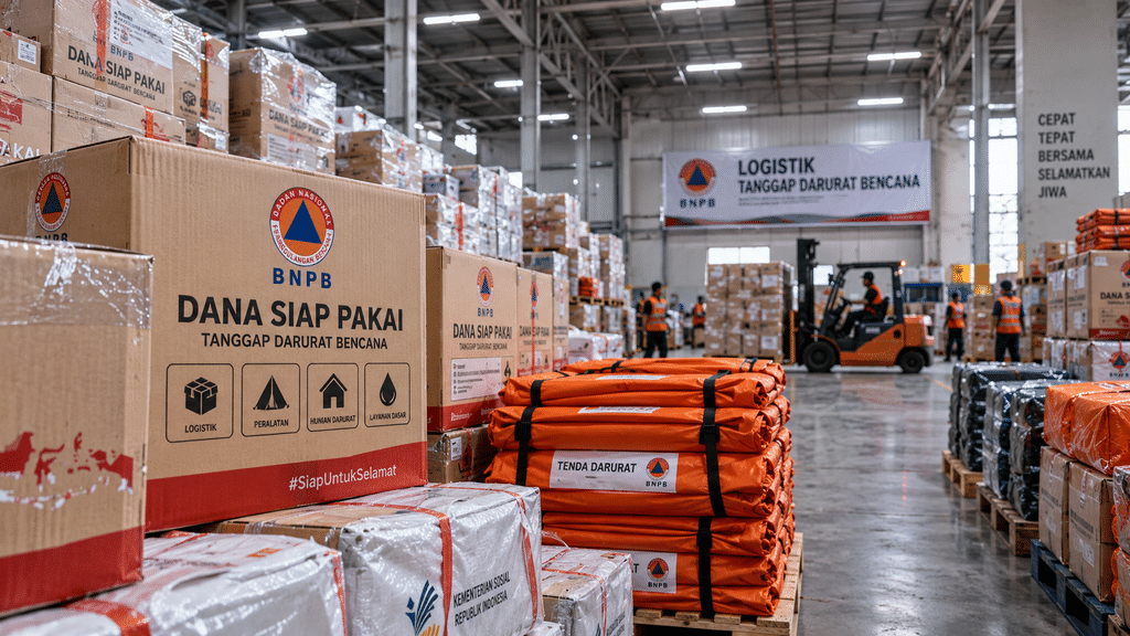 Tumpukan kotak bantuan logistik dan tenda darurat BNPB yang merepresentasikan tujuan asli dari Dana Siap Pakai kebencanaan.